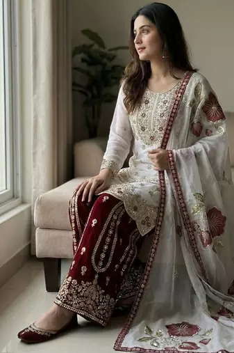 white embroidered straight silk kurta sharara set