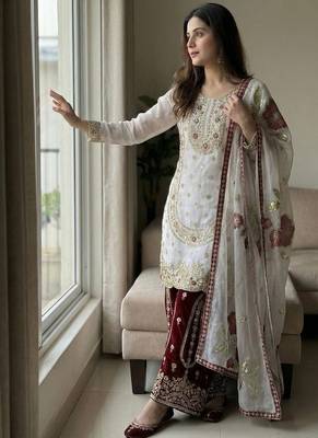 white embroidered straight silk kurta sharara set 3