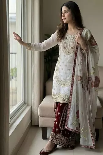 white embroidered straight silk kurta sharara set