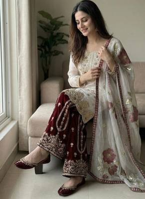 white embroidered straight silk kurta sharara set 4