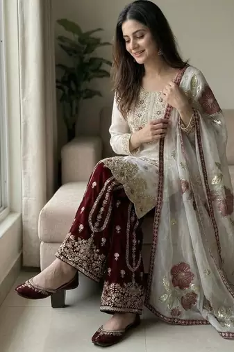 white embroidered straight silk kurta sharara set