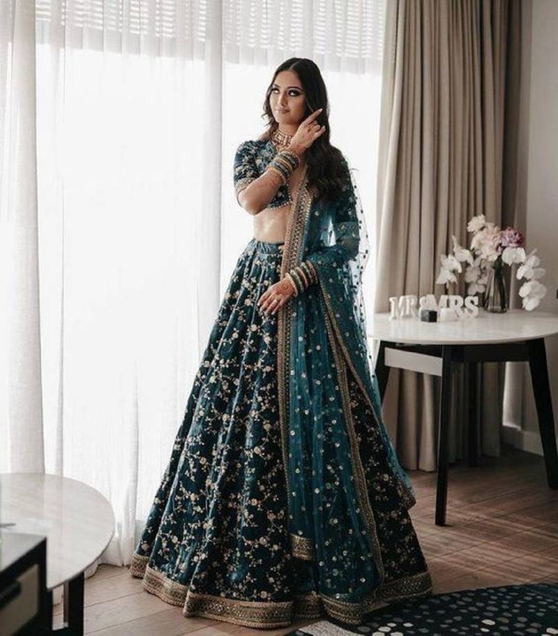 Elegant Green Velvet Lehenga Choli with Sequins Work & Dupatta