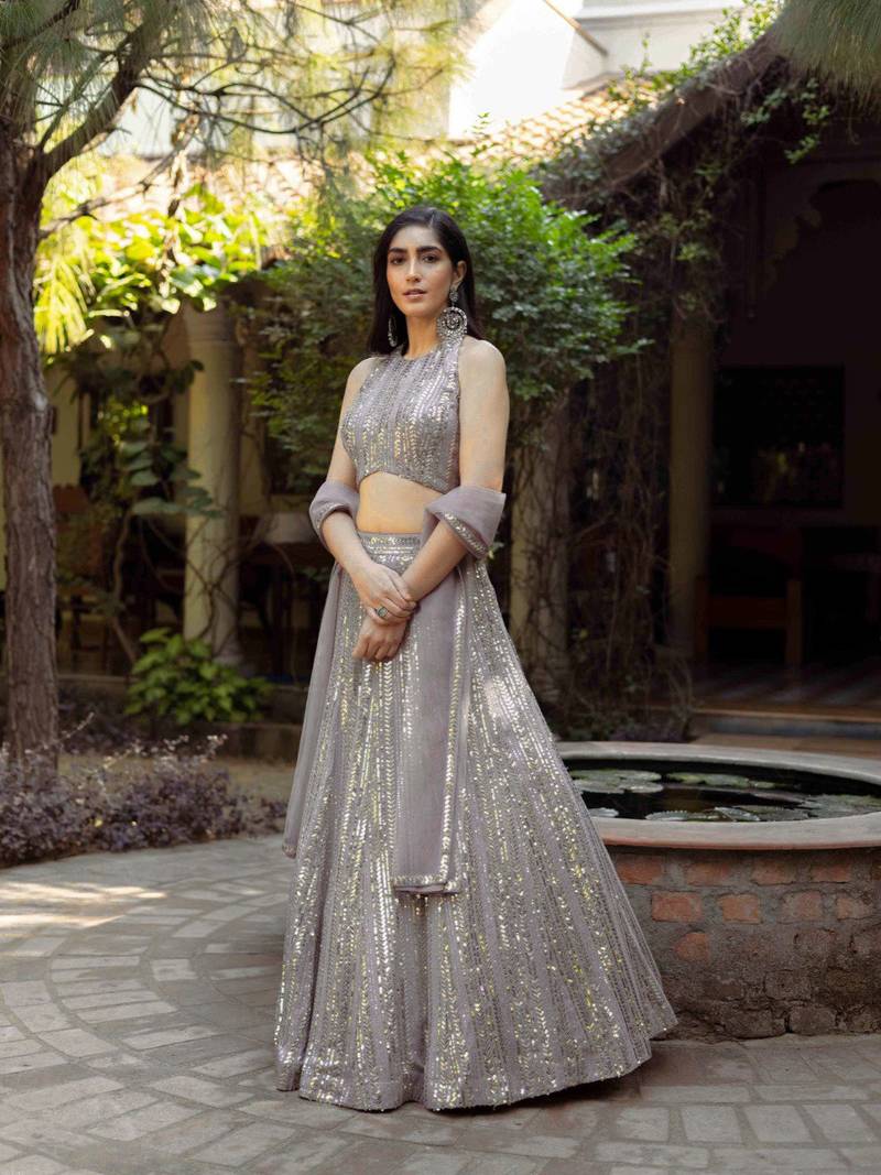 Grey Faux Georgette Lehenga Choli with 3MM & 7MM Sequins Embroidery