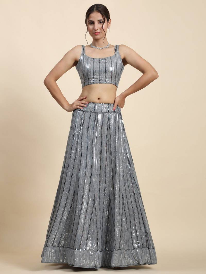 Grey Faux Georgette Lehenga Choli with 3MM & 7MM Sequins Embroidery