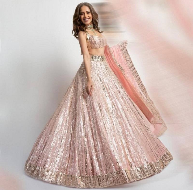 Designer Peach Lehenga Choli with Heavy Sequins Work & Flared Skirt