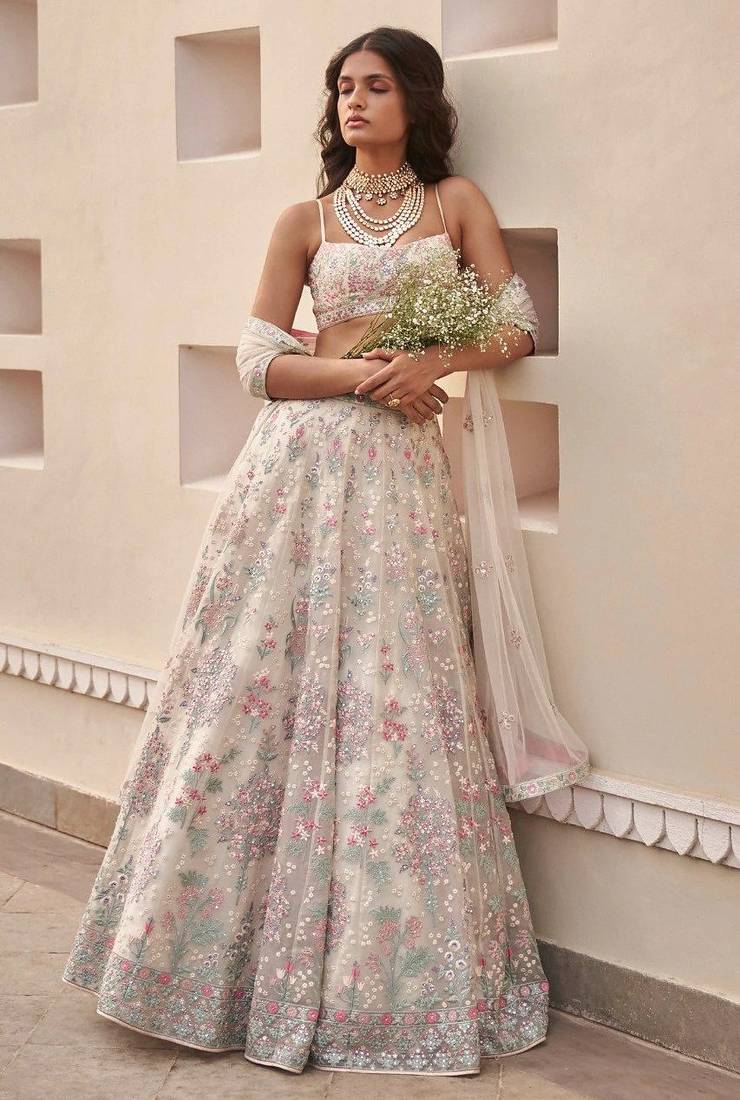 Wedding Wear Cream Lehenga with Sequins & Thread Embroidery Work