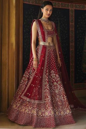 Bridal Wear Maroon Satin Silk Lehenga with Rich Embroidered Border