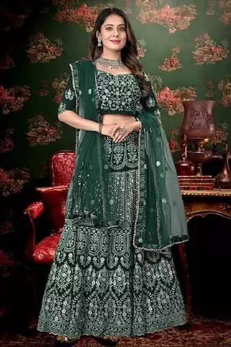 Elegant Dark Green Lehenga with Zari & Thread Embroidery Design