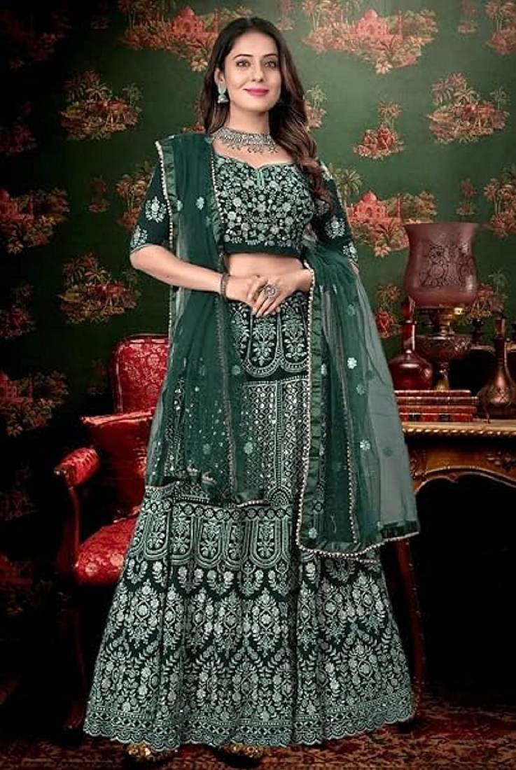 Elegant Dark Green Lehenga with Zari & Thread Embroidery Design