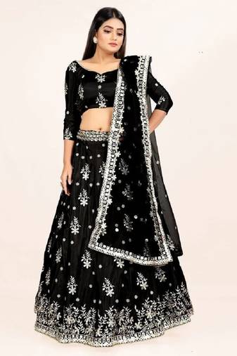 Black French Silk Lehenga Choli with Sequins & Mirror Embroidery Work