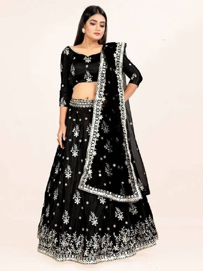 Black French Silk Lehenga Choli with Sequins & Mirror Embroidery Work
