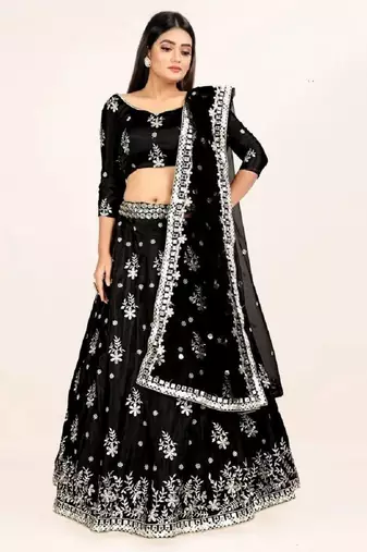 Black French Silk Lehenga Choli with Sequins & Mirror Embroidery Work