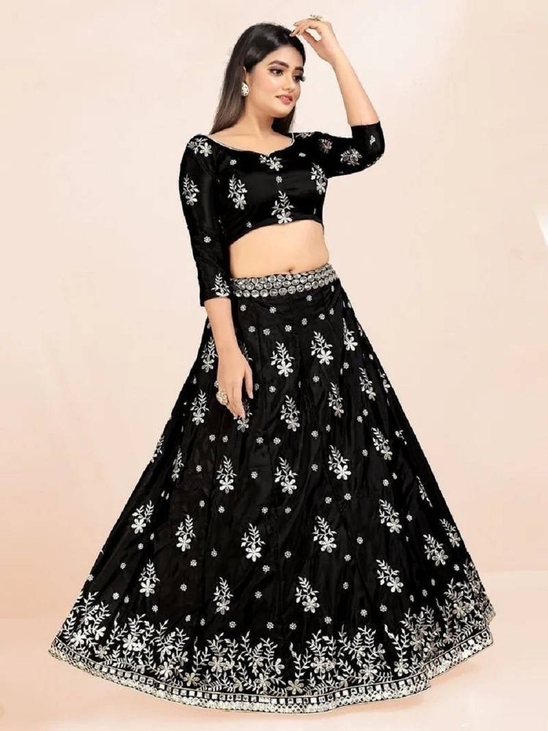 Black French Silk Lehenga Choli with Sequins & Mirror Embroidery Work