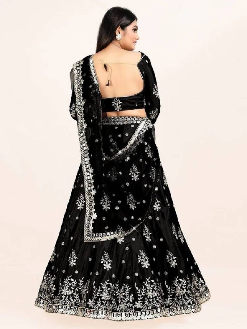 Black French Silk Lehenga Choli with Sequins & Mirror Embroidery Work