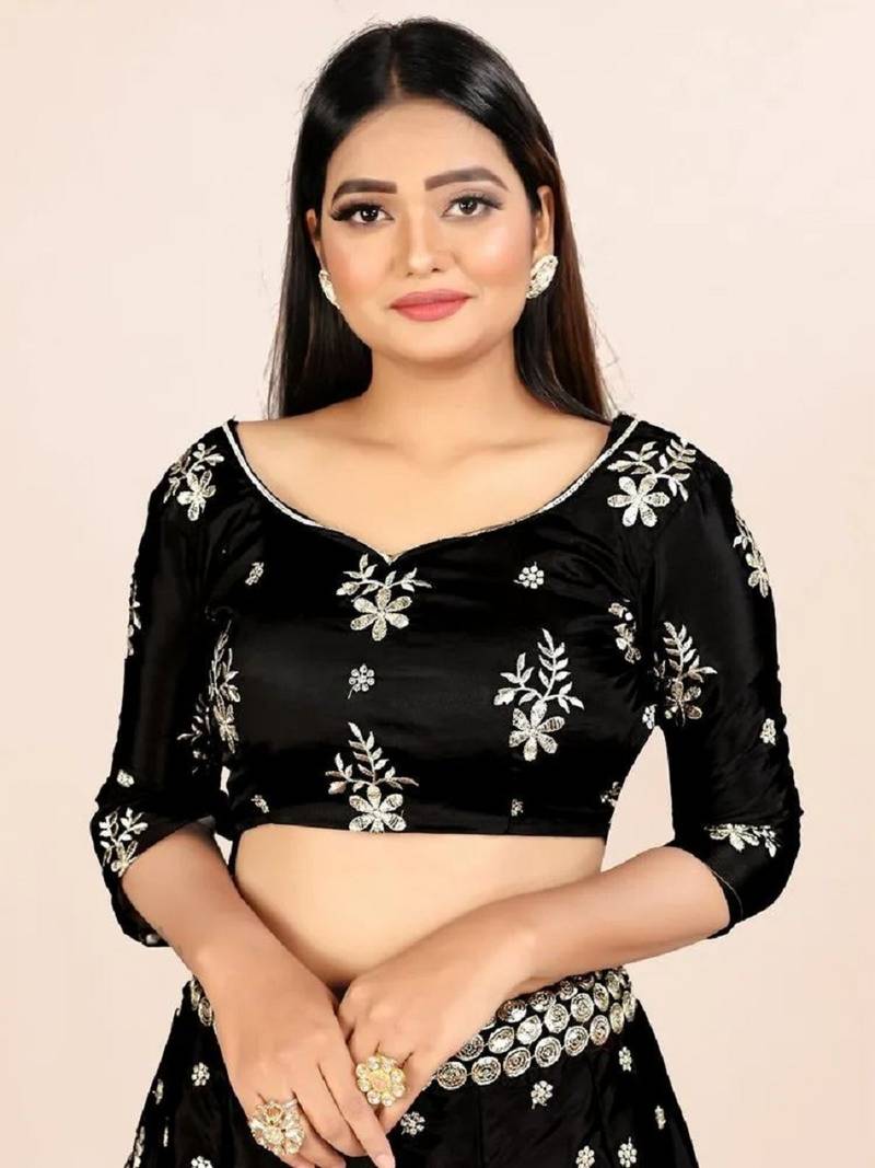 Black French Silk Lehenga Choli with Sequins & Mirror Embroidery Work