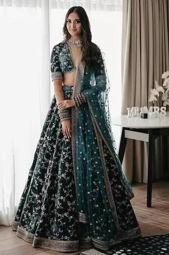 Elegant Green Velvet Lehenga Choli with Sequins Work & Dupatta