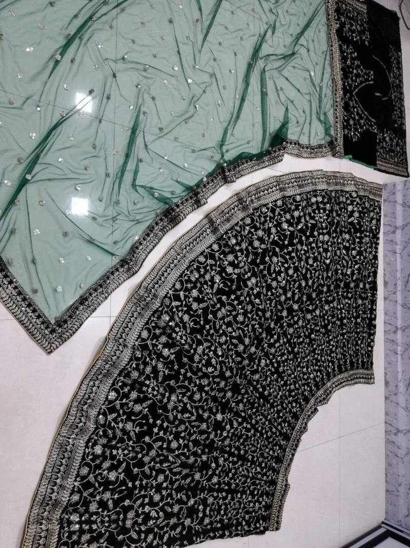 Elegant Green Velvet Lehenga Choli with Sequins Work & Dupatta