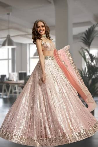 Designer Peach Lehenga Choli with Heavy Sequins Work & Flared Skirt