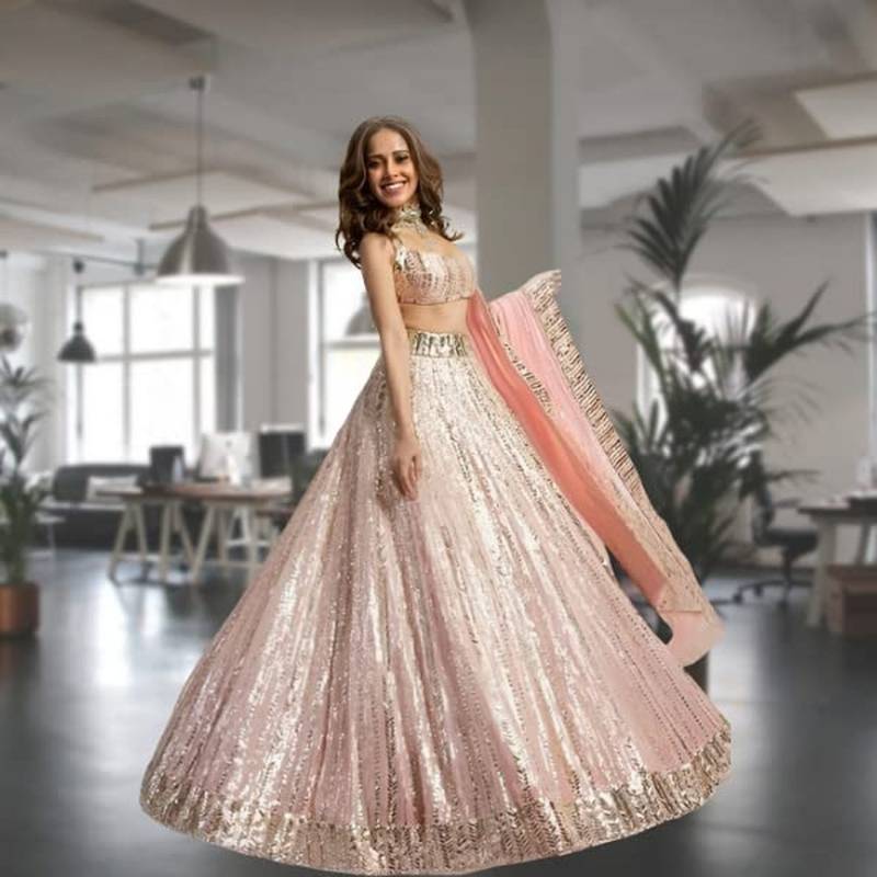 Designer Peach Lehenga Choli with Heavy Sequins Work & Flared Skirt