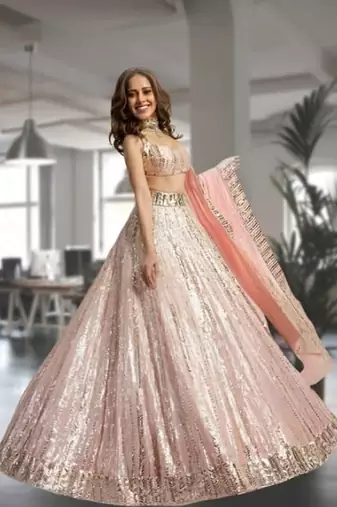 Designer Peach Lehenga Choli with Heavy Sequins Work & Flared Skirt