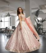 Designer Peach Lehenga Choli with Heavy Sequins Work & Flared Skirt