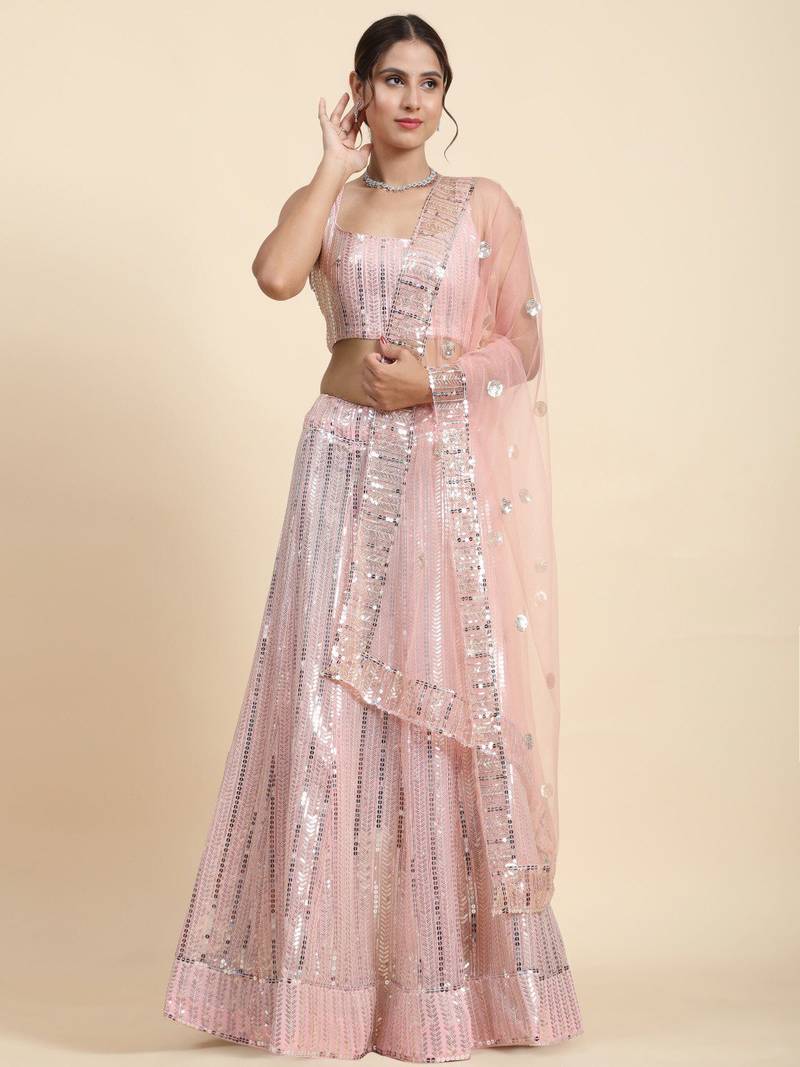 Designer Peach Lehenga Choli with Heavy Sequins Work & Flared Skirt