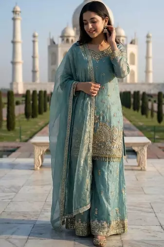 Sky embroidered kurta sharara set with silk dupatta party wear