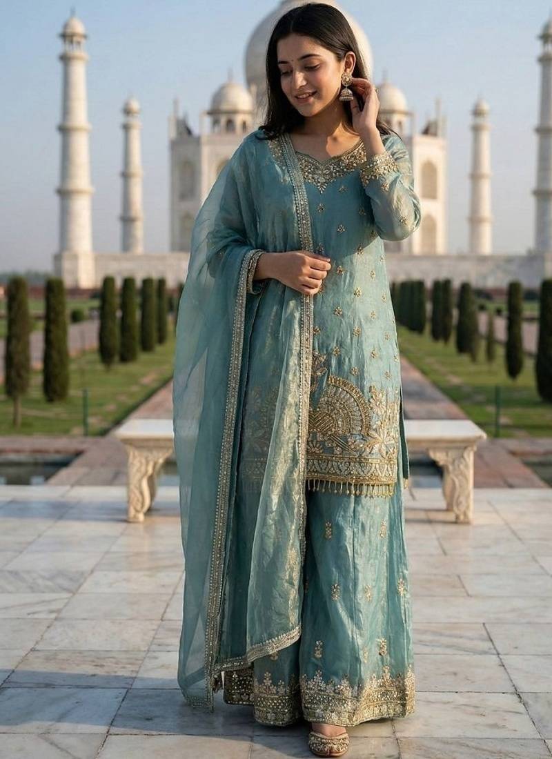 Sky embroidered kurta sharara set with silk dupatta party wear