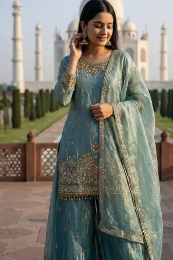 turquoise embroidered jimmy choo kurta sharara set
