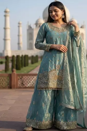 turquoise embroidered jimmy choo kurta sharara set