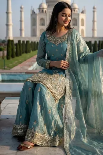 turquoise embroidered jimmy choo kurta sharara set