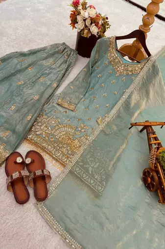 turquoise embroidered jimmy choo kurta sharara set