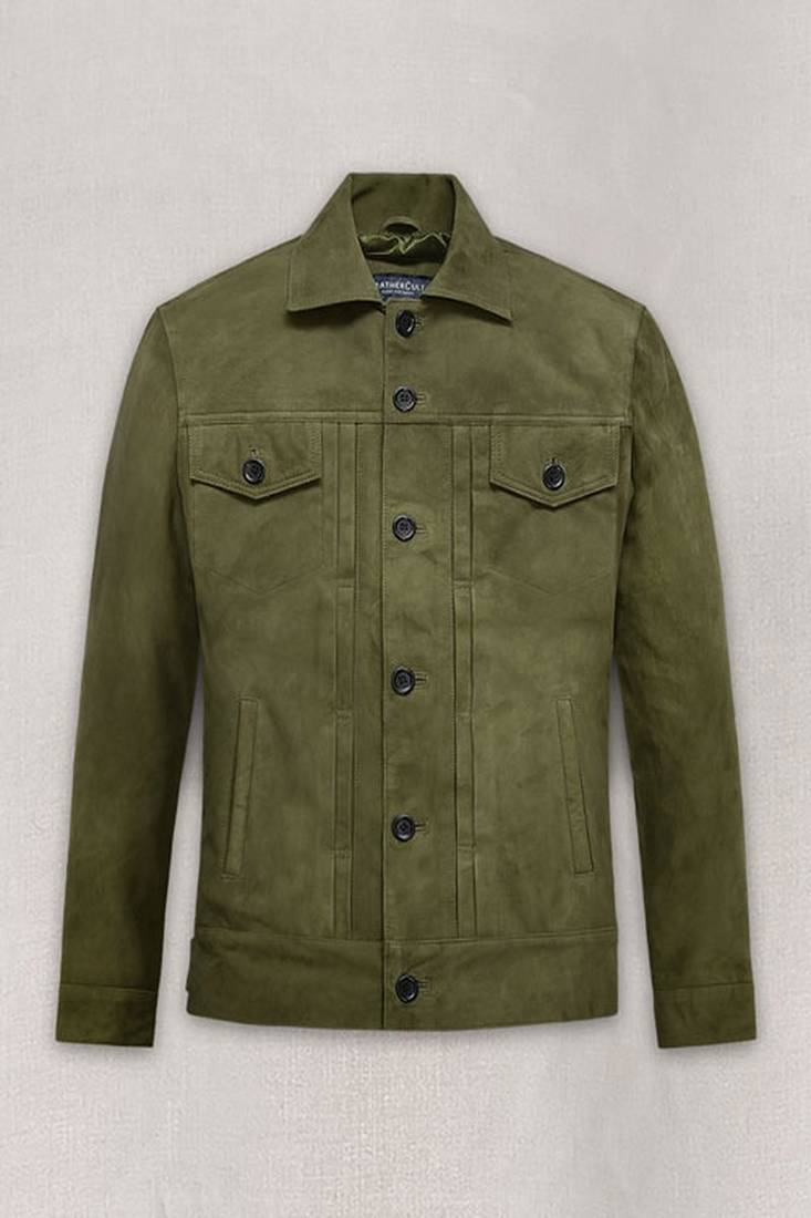 Men's green olive suede leather leather jacket  slim fit motor style
