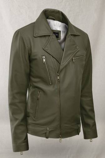 Stylish green zipper lambskin leather biker jacket  slim fit moto style