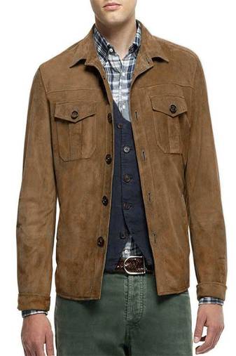 Men's brown suede button leather leather jacket slim fit motor style