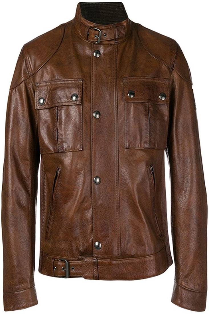 Stylish brown lambskin leather jacket slim fit moto style button jacket