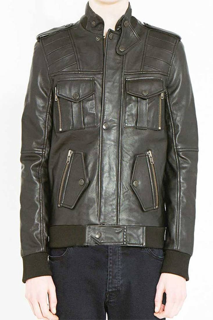 Men's genuine pure lambskin black leather jacket 2 pockets slim fit motorcycle jacket
