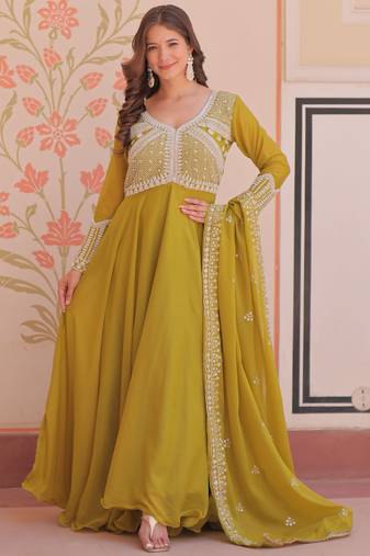 Women georgette rich & sequins embroidered work gown & kurta set for women