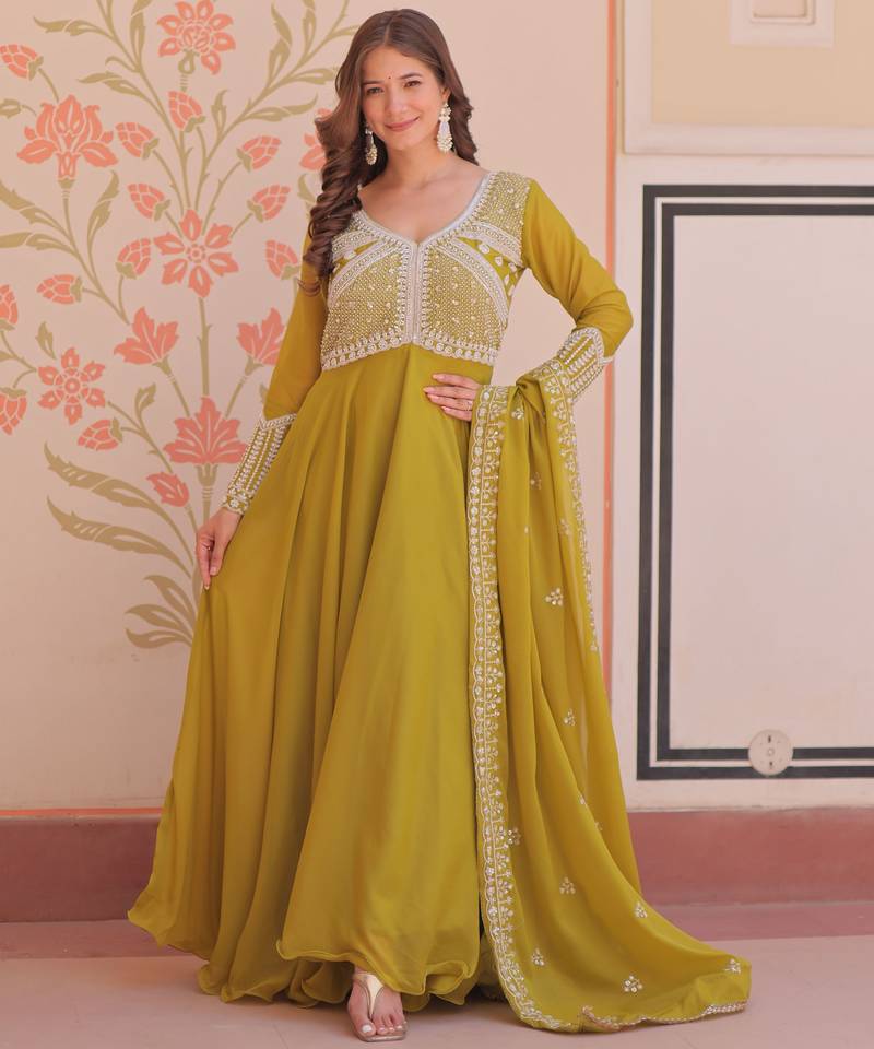 Women georgette rich & sequins embroidered work gown & kurta set for women