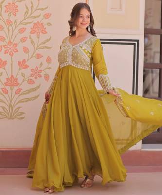 Women georgette rich & sequins embroidered work gown & kurta set for women 4