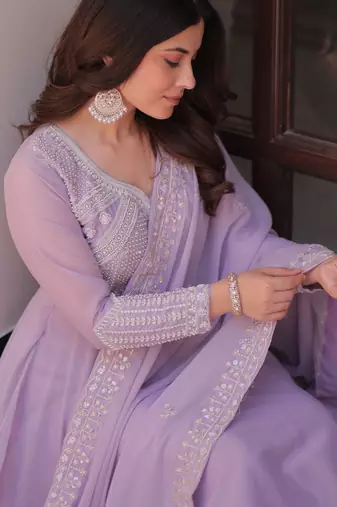 Women georgette rich & sequins embroidered work gown & kurta set for women
