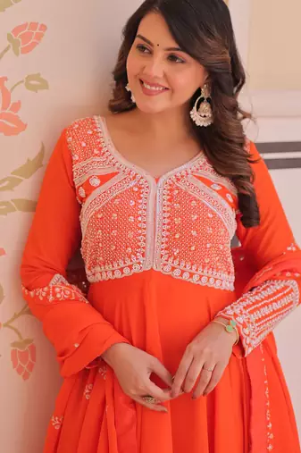 Women georgette rich & sequins embroidered work gown & kurta set for women