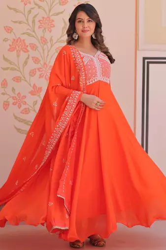 Women georgette rich & sequins embroidered work gown & kurta set for women