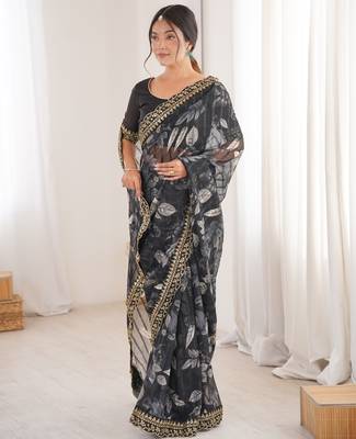 Women printed chiffon georgette partywear saree 1
