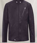 Stylish pure lambskin black leather jacket motorcycle jacket purple one zip pocket