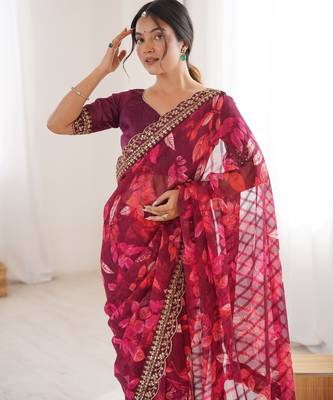 Women printed chiffon georgette partywear saree 3