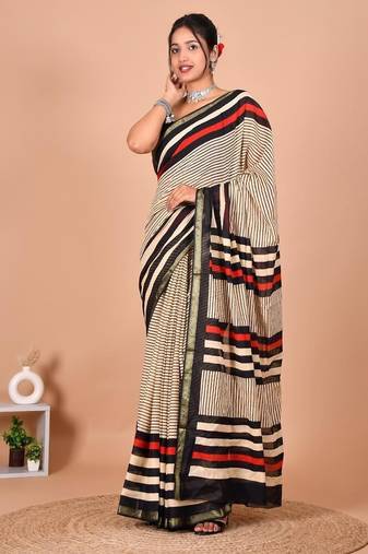 Multicolor bagru block print cotton zari sarees with running blouse