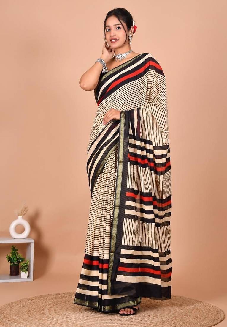 Multicolor bagru block print cotton zari sarees with running blouse
