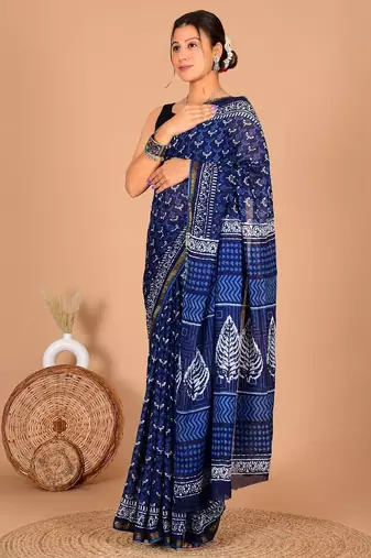 Multicolor bagru block print cotton zari sarees with running blouse