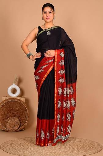 Multicolor bagru block print cotton zari sarees with running blouse